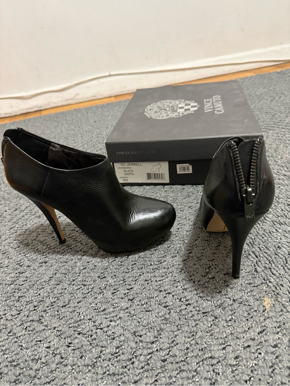 Vince Camuto Black Leather Zip-Back Stiletto Booties